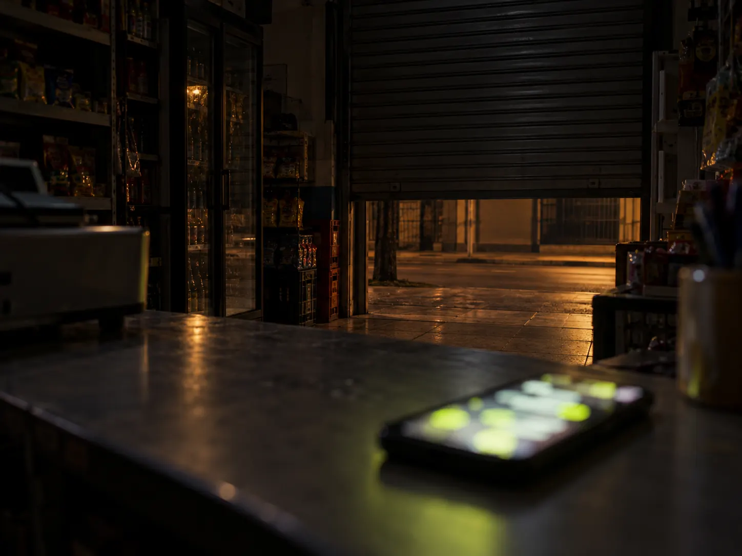 Negocio cerrado de noche con un celular lleno de mensajes sin responder sobre el mostrador