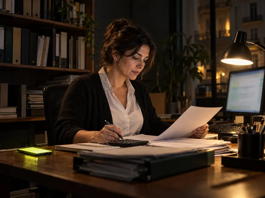 Contadora trabajando de noche en su despacho mientras el asistente de WhatsApp con IA responde consultas en el celular